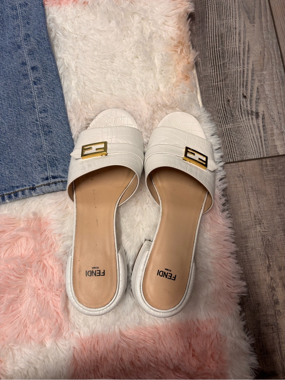 Fendi White Croc-Embossed Slide Sandals with Gold Logo